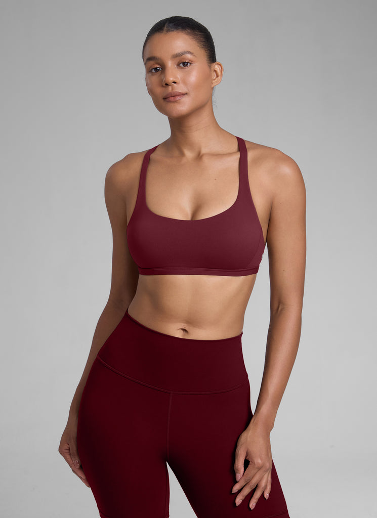 CRZ YOGA Women's Yoga Train Light Support Nakedfeel Strappy Bra Red Merlot