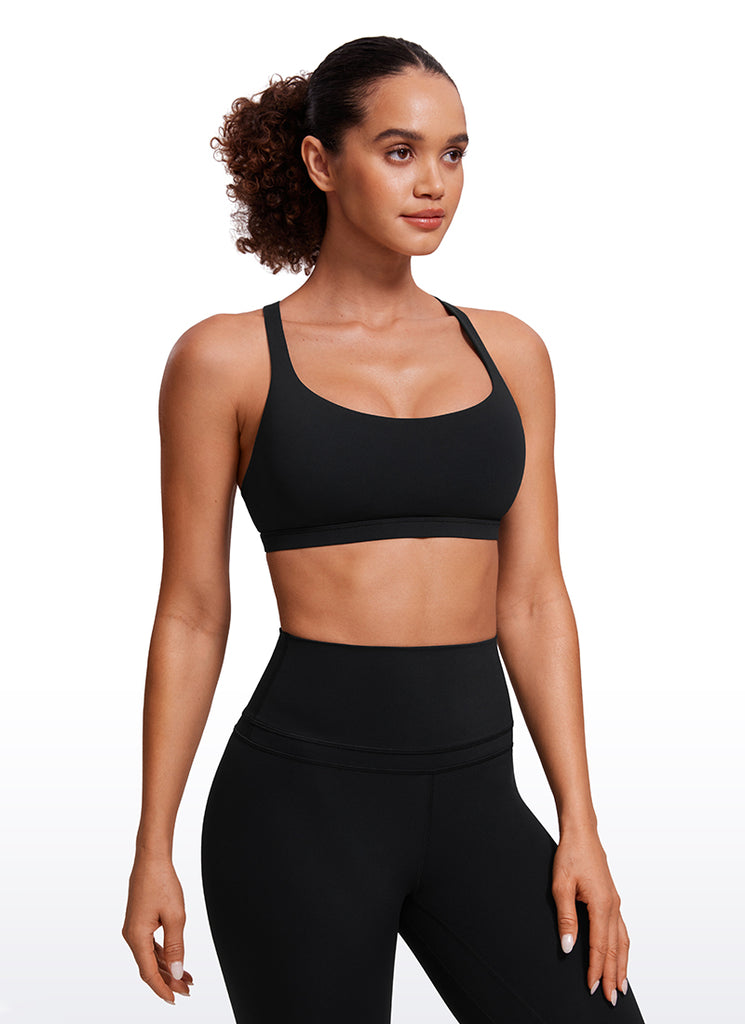 CRZ YOGA Women's Yoga Light Support Nakedfeel Strappy Bra Low Cut Black