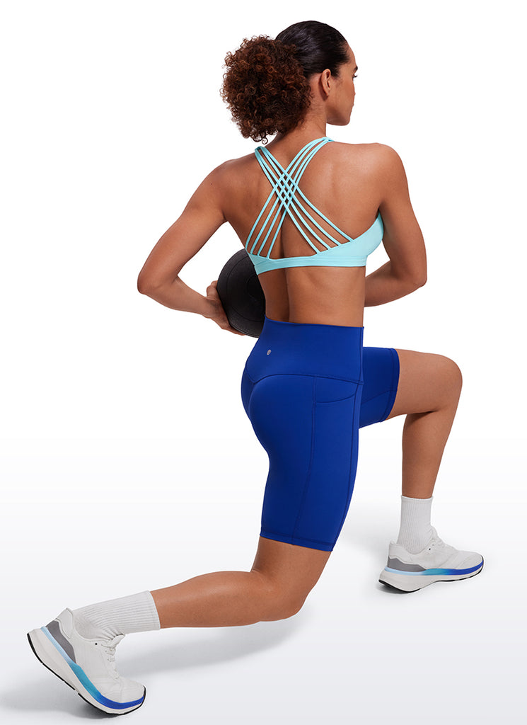 CRZ YOGA Women's Yoga Light Support Nakedfeel Strappy Bra Low Cut Hydra Blue