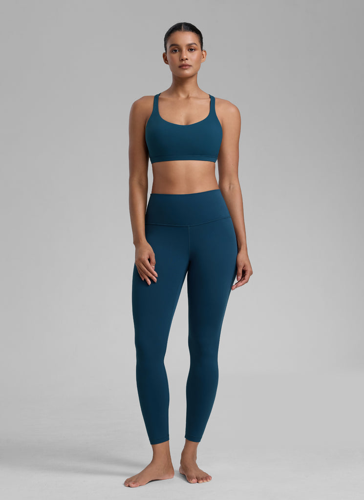 CRZ YOGA Women's Yoga Light Support Nakedfeel Strappy Bra Low Cut French Navy