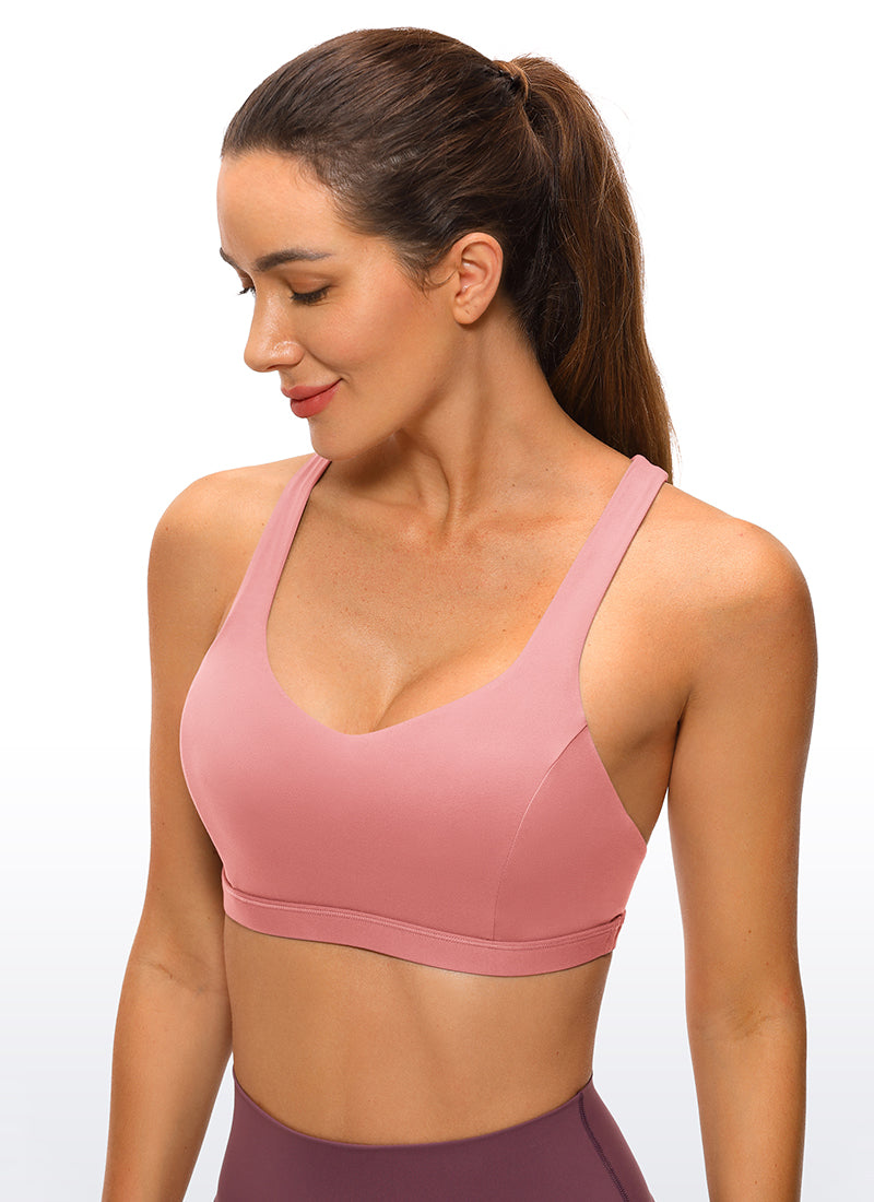 CRZ YOGA Women's Yoga Light Support Brushed Nakedfeel Strappy Bra Pink Puff