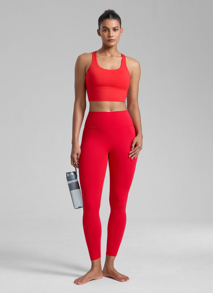 CRZ YOGA Women's Train Medium Support Nakedfeel Longline Bra Strappy Deep Red