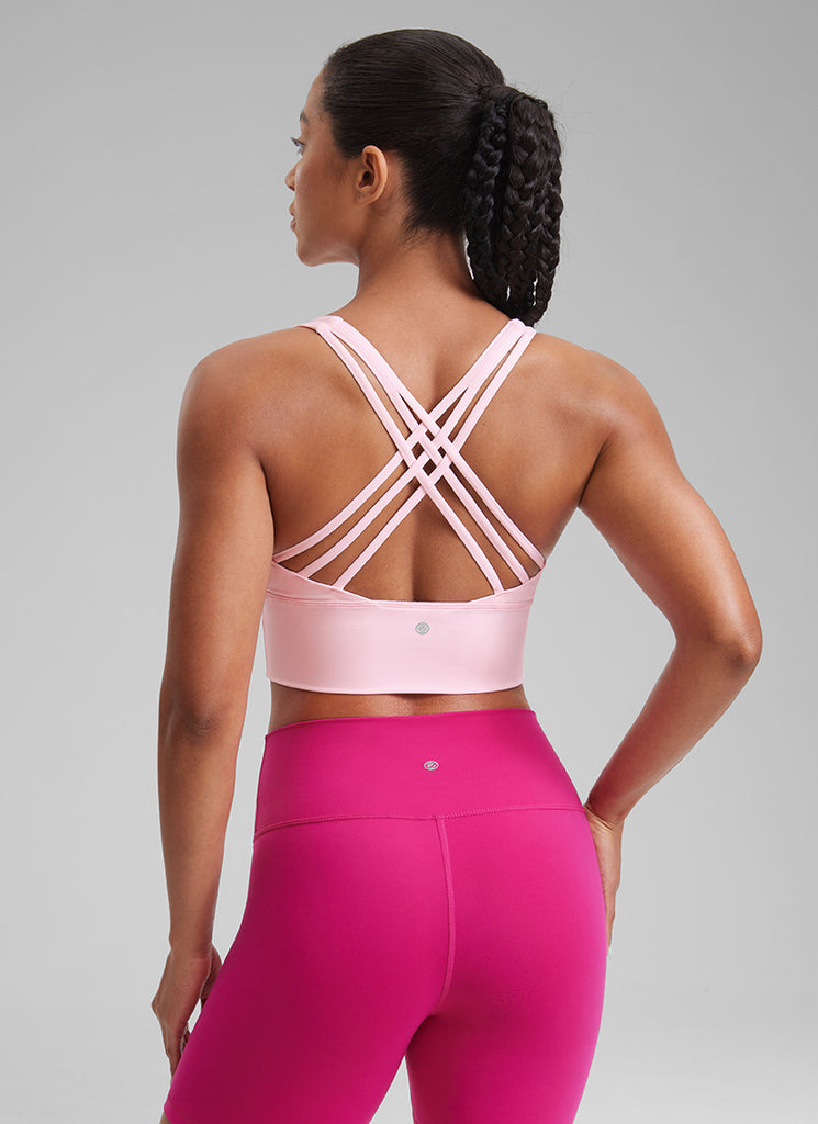 CRZ YOGA Women's Train Medium Support Nakedfeel Longline Bra Strappy Strawberry Pink