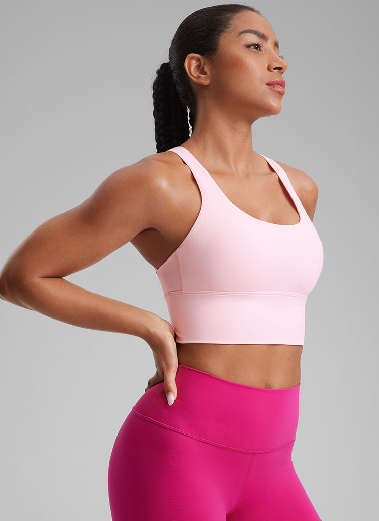 CRZ YOGA Women's Train Medium Support Nakedfeel Longline Bra Strappy Strawberry Pink