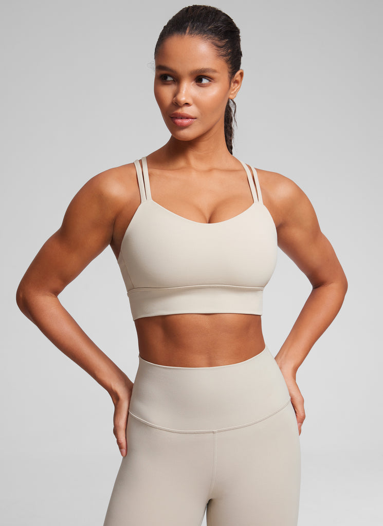 CRZ YOGA Womens Butterluxe Strappy Longline Criss Cross Molded Cup Bra Mojave Tan
