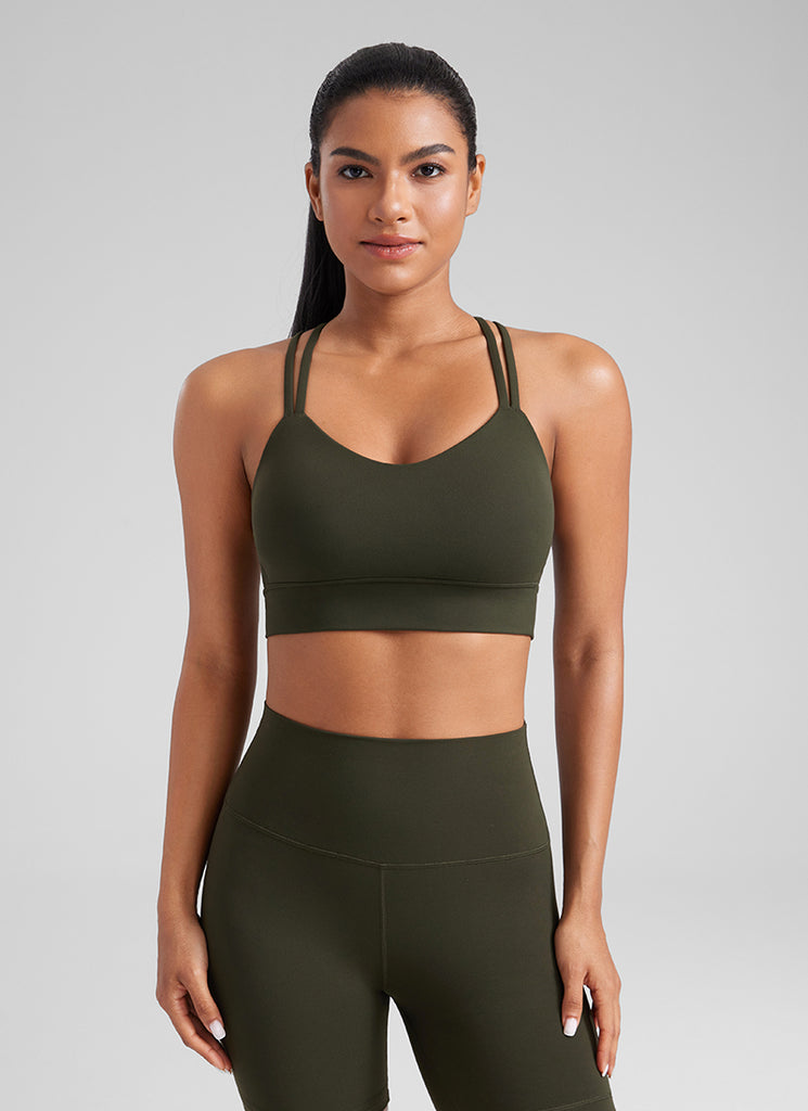 CRZ YOGA Womens Butterluxe Strappy Longline Criss Cross Molded Cup Bra Olive Green