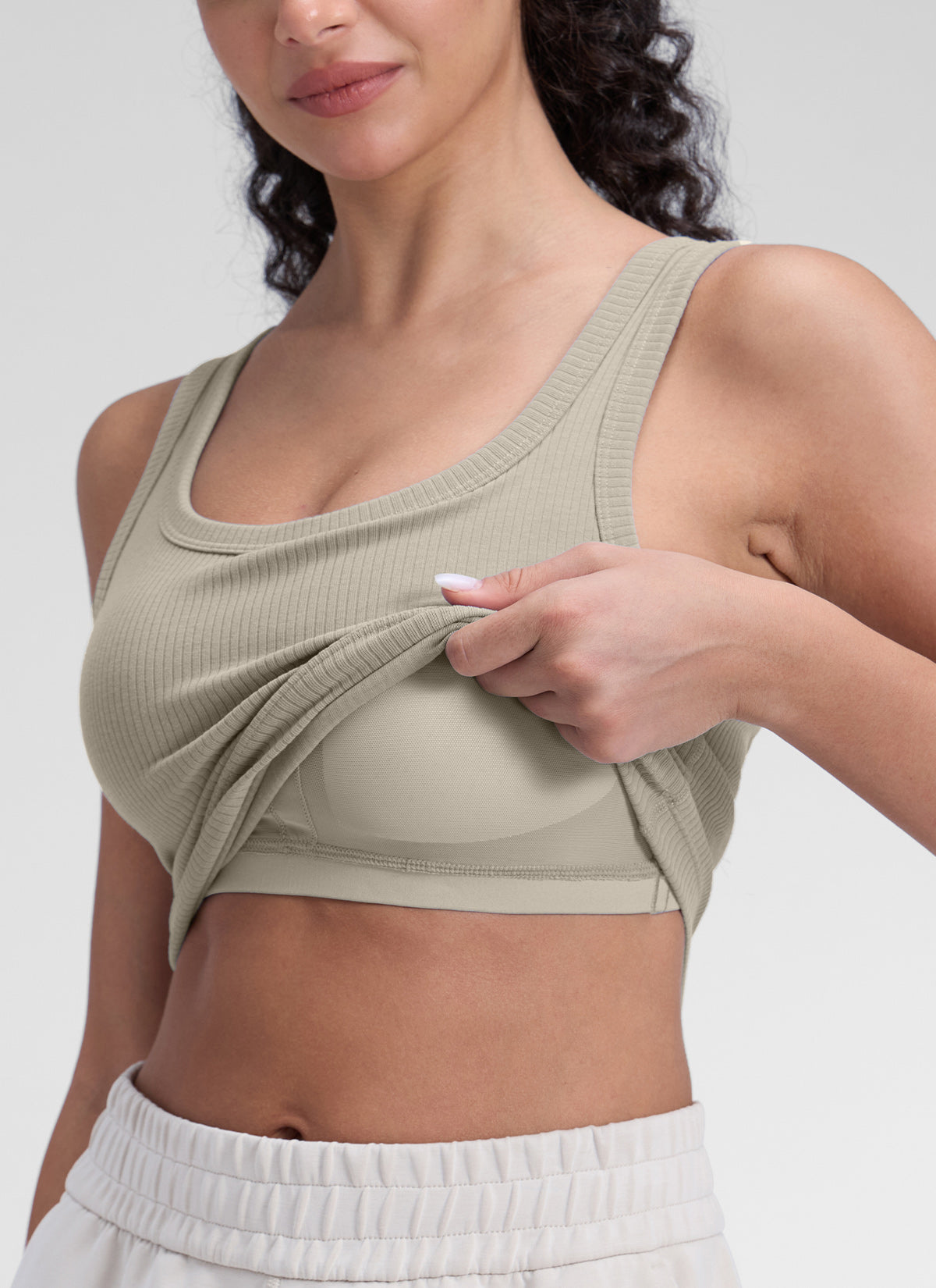 CRZ YOGA Women Longline U Neck Medium Impact Ribbed Sports Bras Warm Ash Grey @model_info:Anano