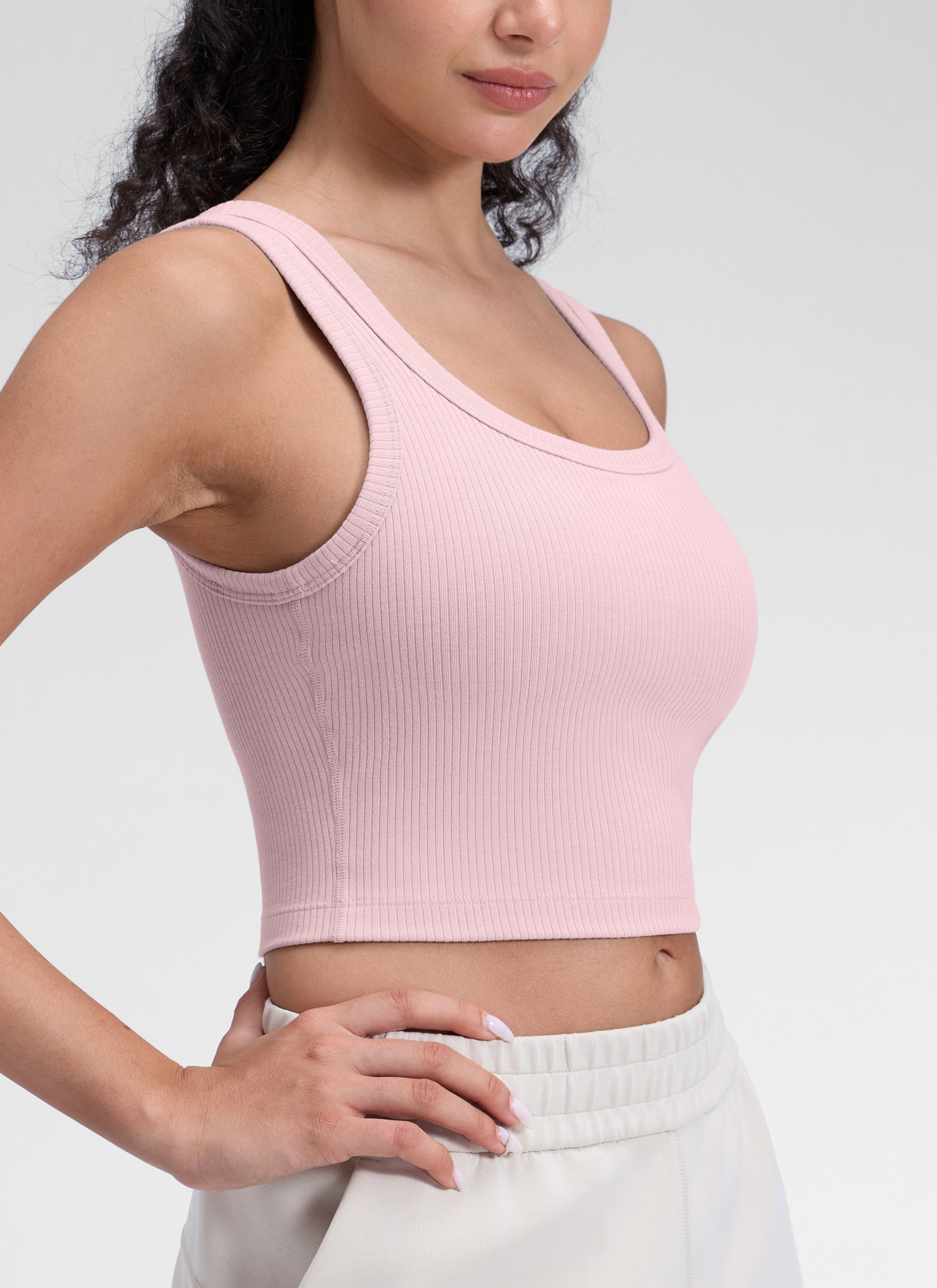 CRZ YOGA Women Longline U Neck Medium Impact Ribbed Sports Bras Pink Haze @model_info:A
