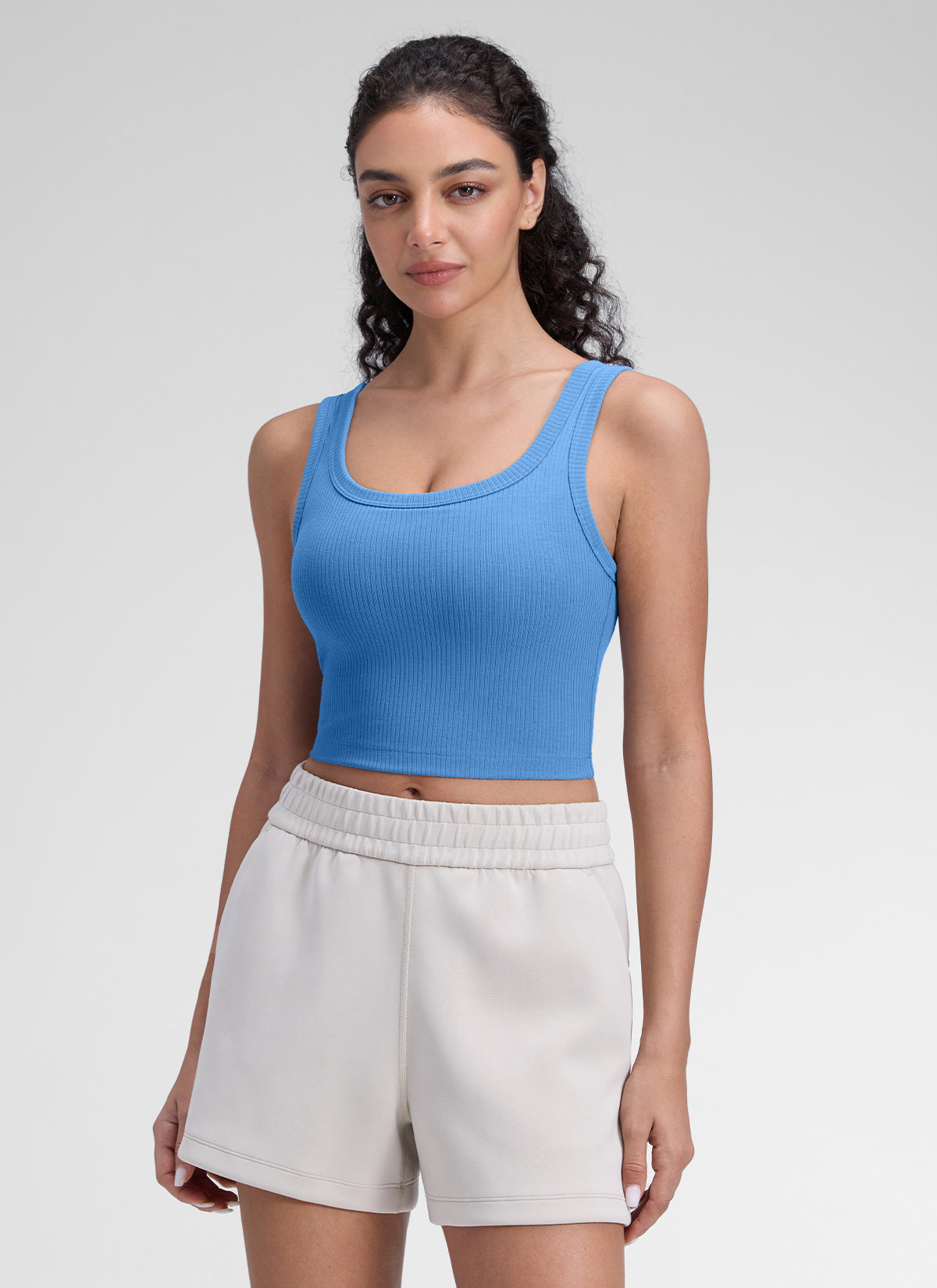 CRZ YOGA Women Longline U Neck Medium Impact Ribbed Sports Bras Party Blue @model_info:Anano