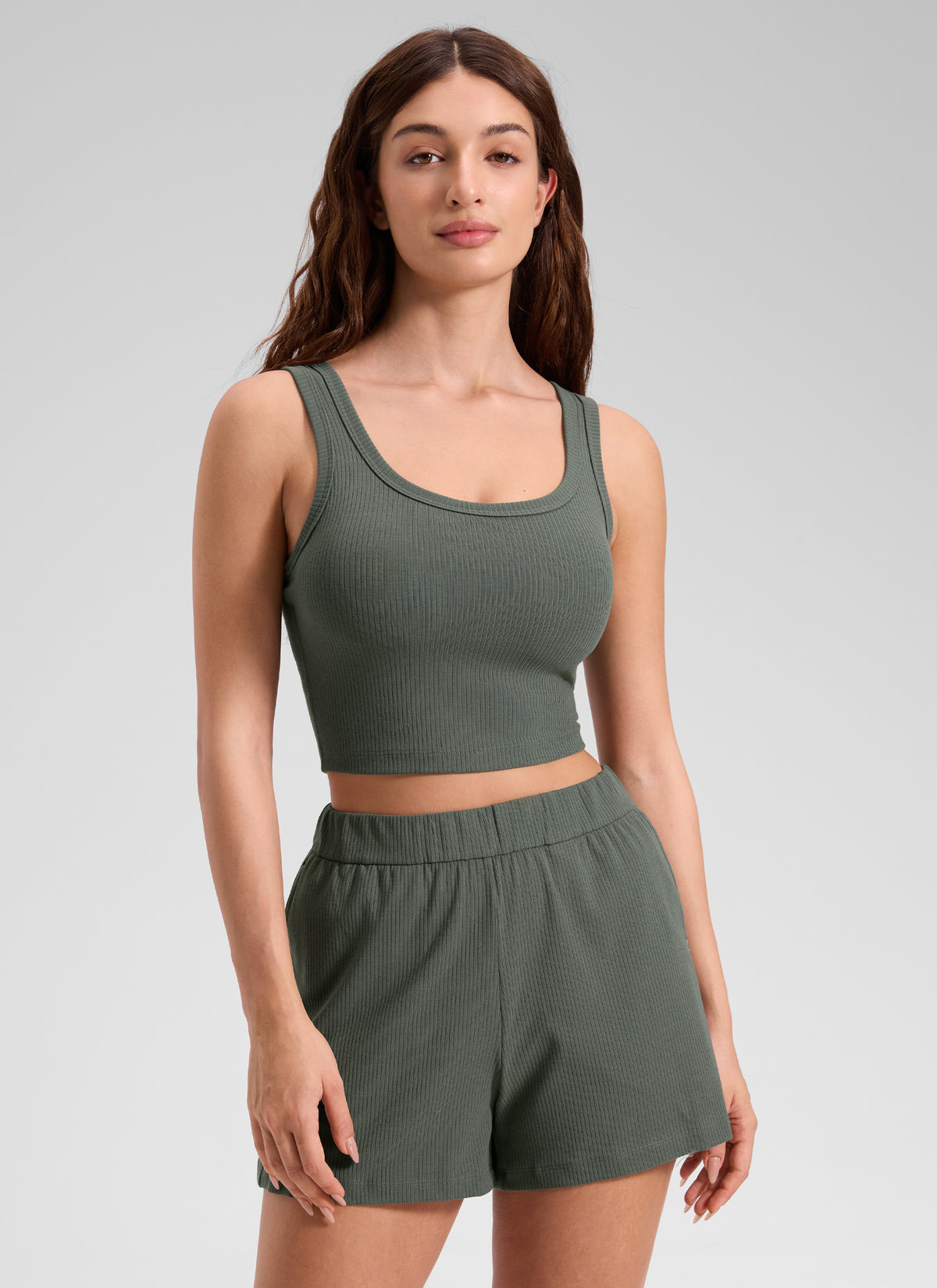 CRZ YOGA Women Longline U Neck Medium Impact Ribbed Sports Bras Grey Sage @model_info:Inga