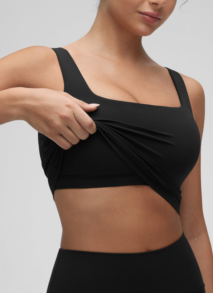 CRZ YOGA Women's Yoga Low Impact Butterluxe Longline Bra Square Neck Black