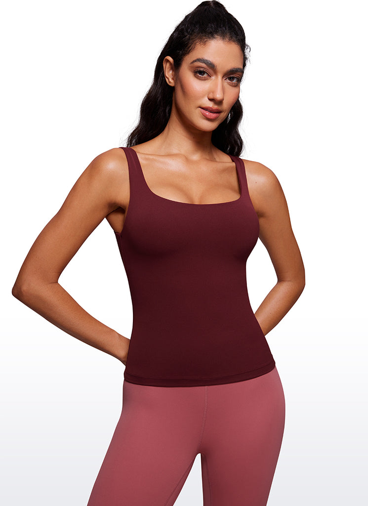 CRZ YOGA Women's SlimFit Tops Butterluxe Built-in Bra U Neck Tanks Red Merlot