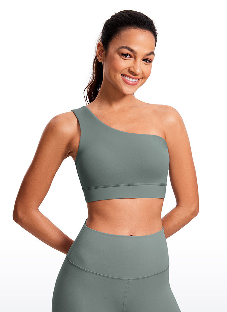 CRZ YOGA Butterluxe Womens One Shoulder Sports Bra Asymmetrical Padded Grey Sage
