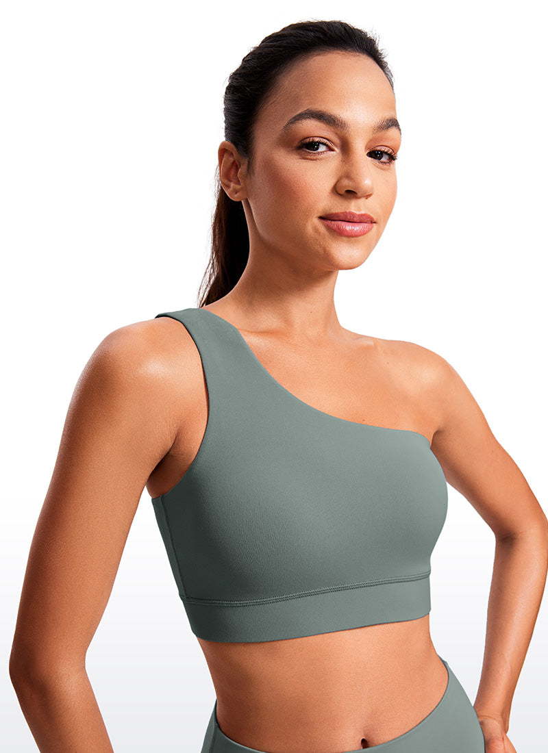 CRZ YOGA Butterluxe Womens One Shoulder Sports Bra Asymmetrical Padded Grey Sage