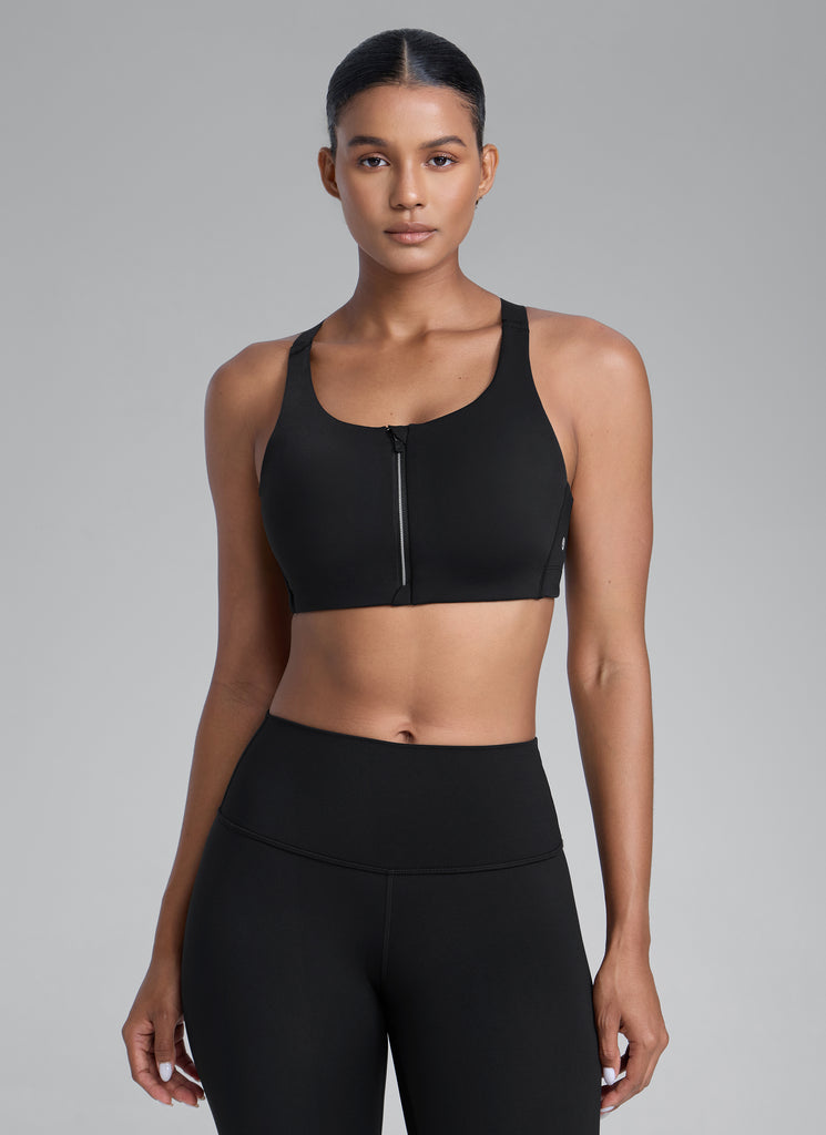 CRZ YOGA Womens Zip Front High Impact Sport Bra with Adjustable Straps Black
