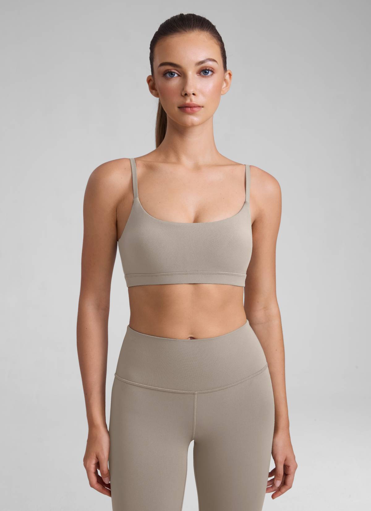 CRZ YOGA Womens Butterluxe Adjustable Spaghetti Strap Scoop Neck Bra Warm Ash Grey @model_info:Kate