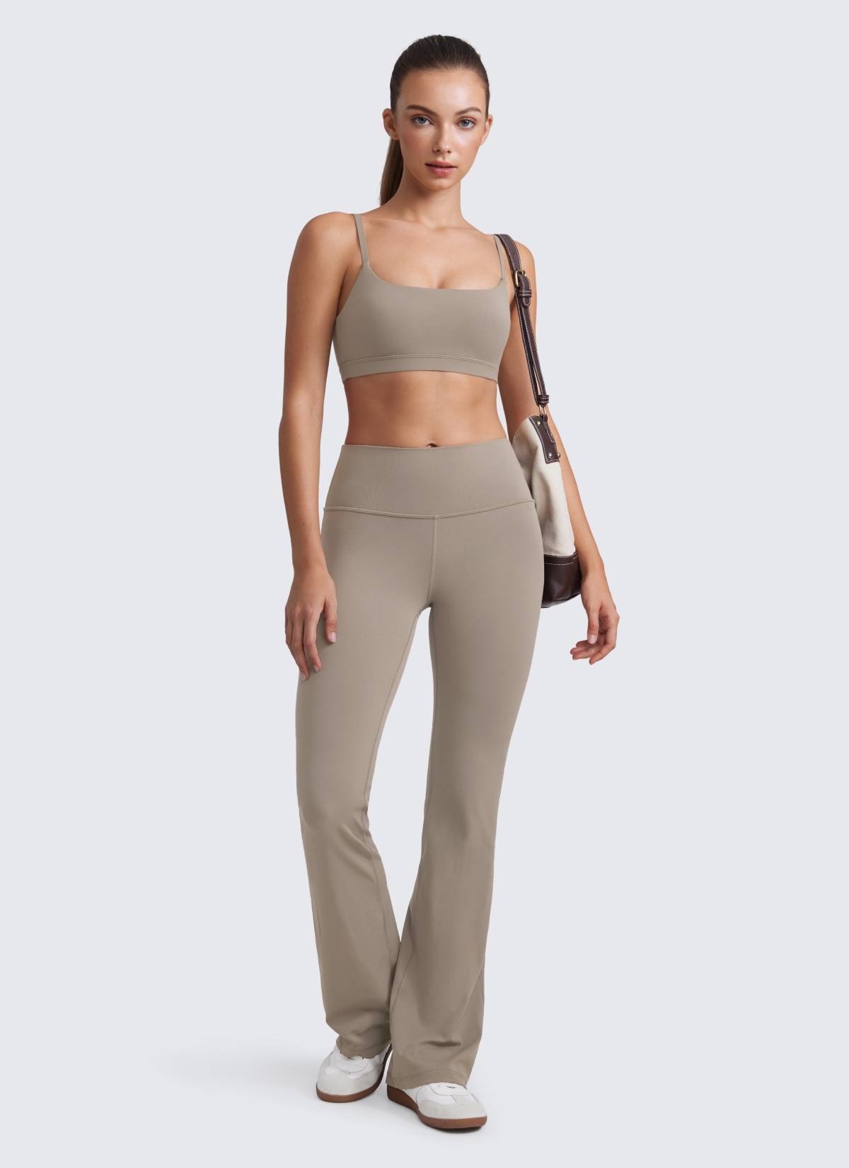 CRZ YOGA Womens Butterluxe Adjustable Spaghetti Strap Scoop Neck Bra Warm Ash Grey @model_info:Kate