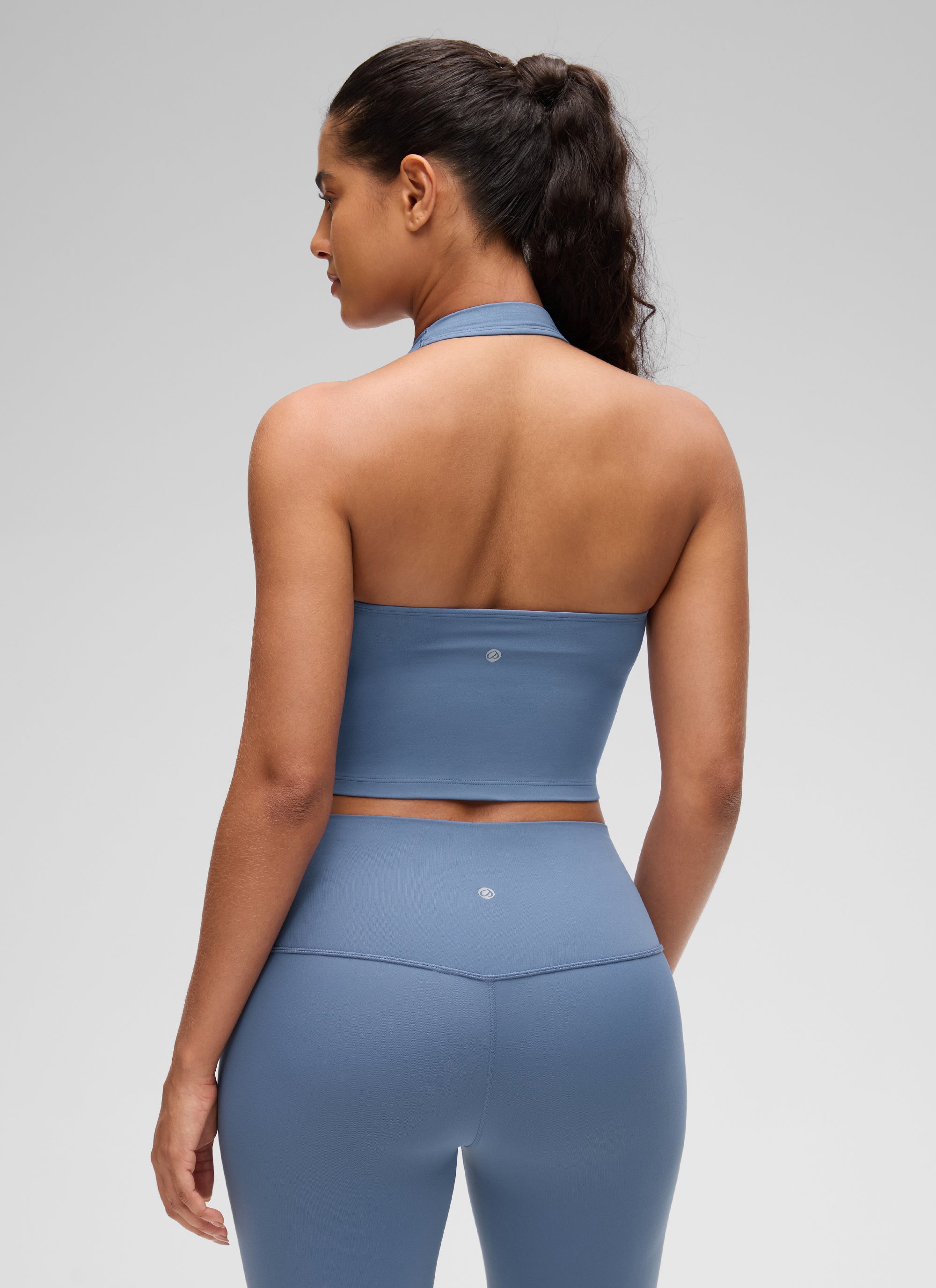 CRZ YOGA Womens Butterluxe Halter Longline Sports Bra Crop Tank Tops Washed Denim