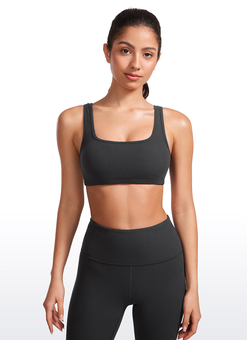 CRZ YOGA Women Ribbed Square Neck Cami Padded Mini Bra Black