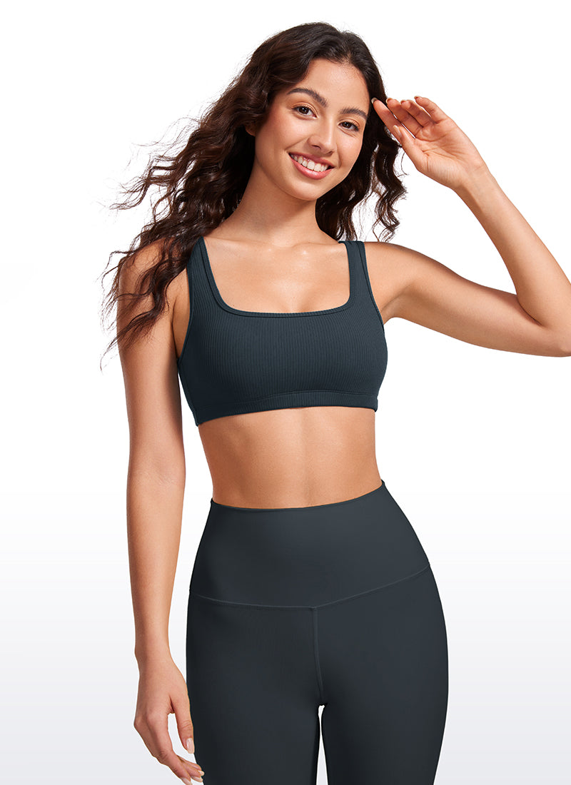 CRZ YOGA Women Ribbed Square Neck Cami Padded Mini Bra True Navy