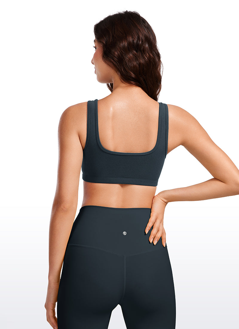 CRZ YOGA Women Ribbed Square Neck Cami Padded Mini Bra True Navy