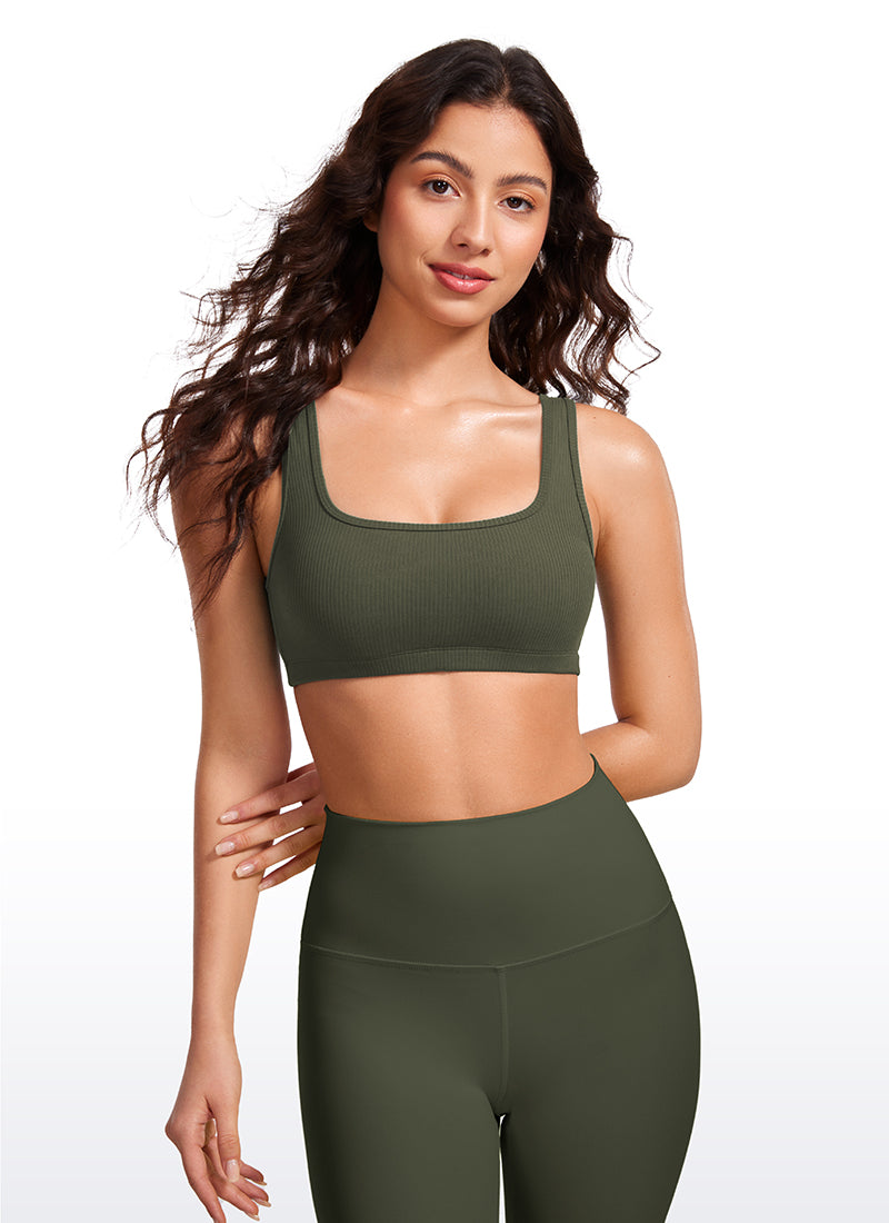 CRZ YOGA Women Ribbed Square Neck Cami Padded Mini Bra Olive Green
