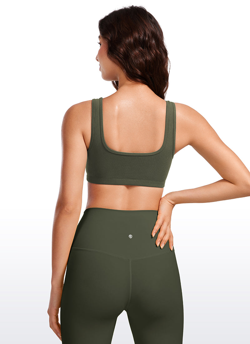 CRZ YOGA Women Ribbed Square Neck Cami Padded Mini Bra Olive Green