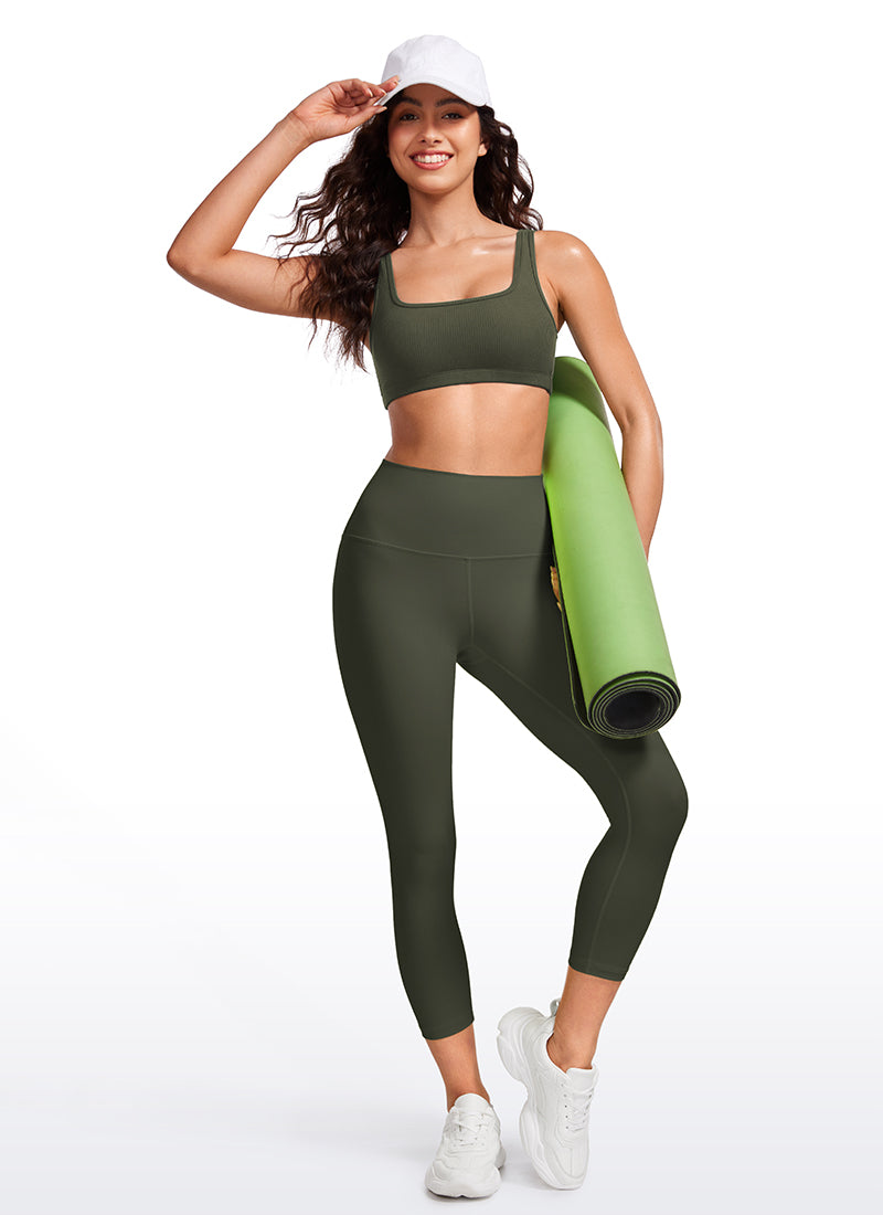 CRZ YOGA Women Ribbed Square Neck Cami Padded Mini Bra Olive Green