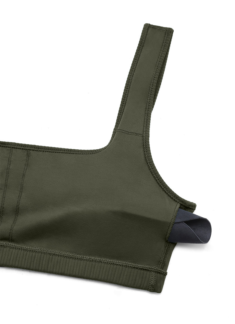 CRZ YOGA Women Ribbed Square Neck Cami Padded Mini Bra Olive Green