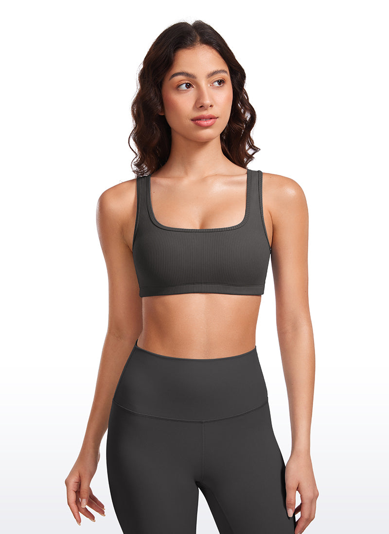 CRZ YOGA Women Ribbed Square Neck Cami Padded Mini Bra Mysterious Grey