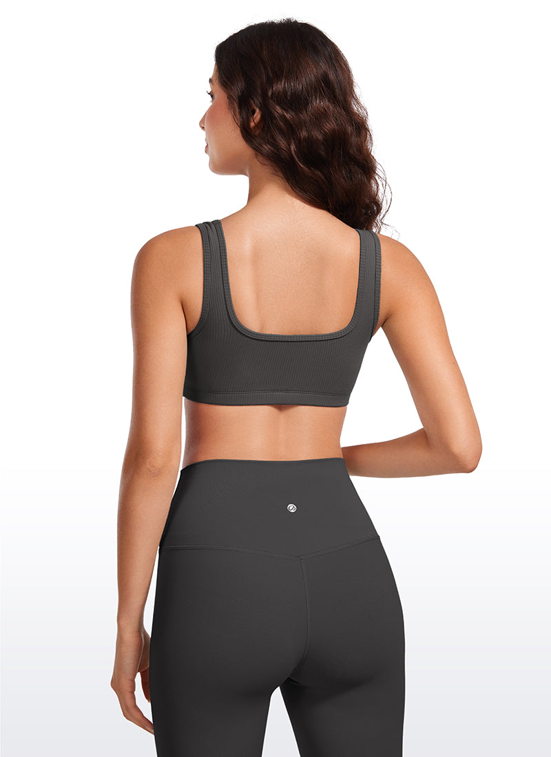 CRZ YOGA Women Ribbed Square Neck Cami Padded Mini Bra Mysterious Grey