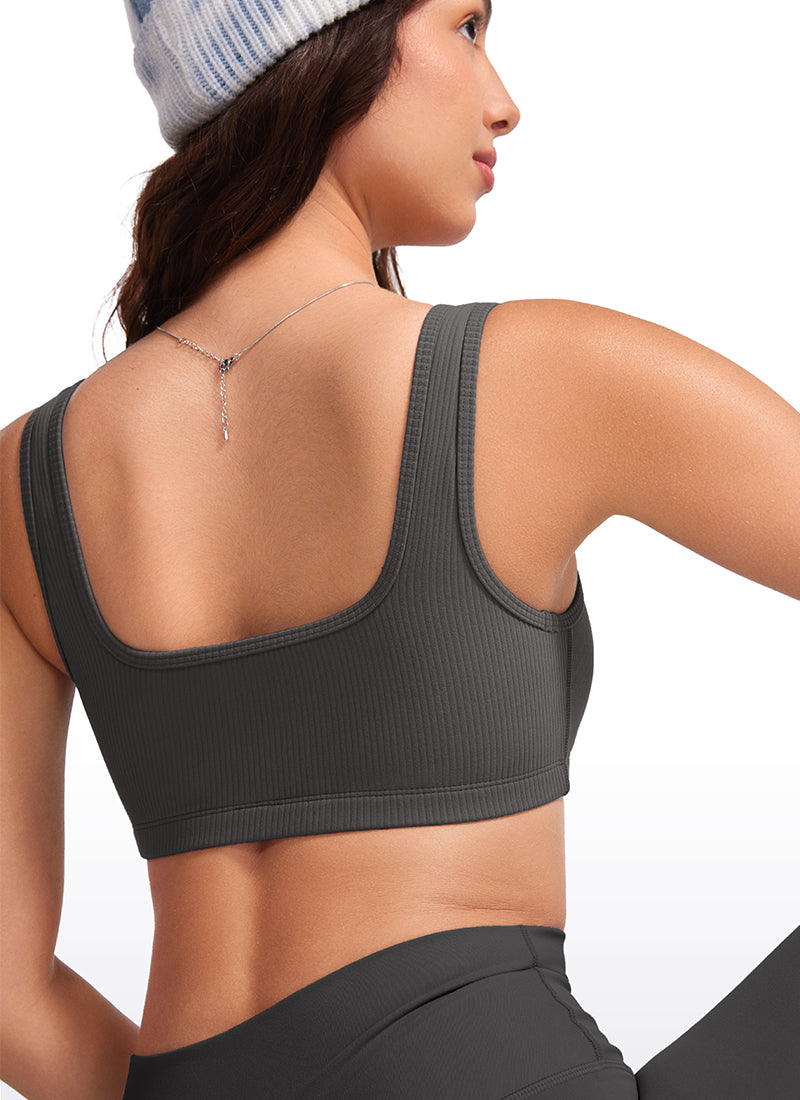 CRZ YOGA Women Ribbed Square Neck Cami Padded Mini Bra Mysterious Grey