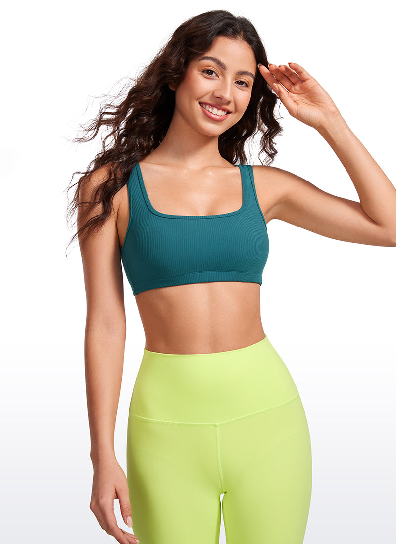 CRZ YOGA Women Ribbed Square Neck Cami Padded Mini Bra Green Jade