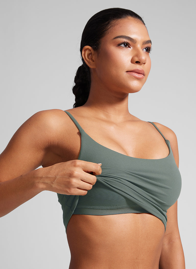 CRZ YOGA Womens Butterlift Scoop Neck U Back Yoga Longline Sports Bra Grey Sage @model_info:Amanda