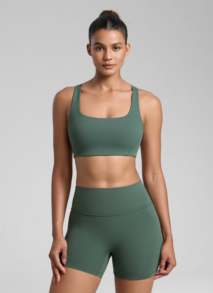 CRZ YOGA Womens Butterlift Double Lined Square Neck Yoga Sports Bra Dark Forest Green