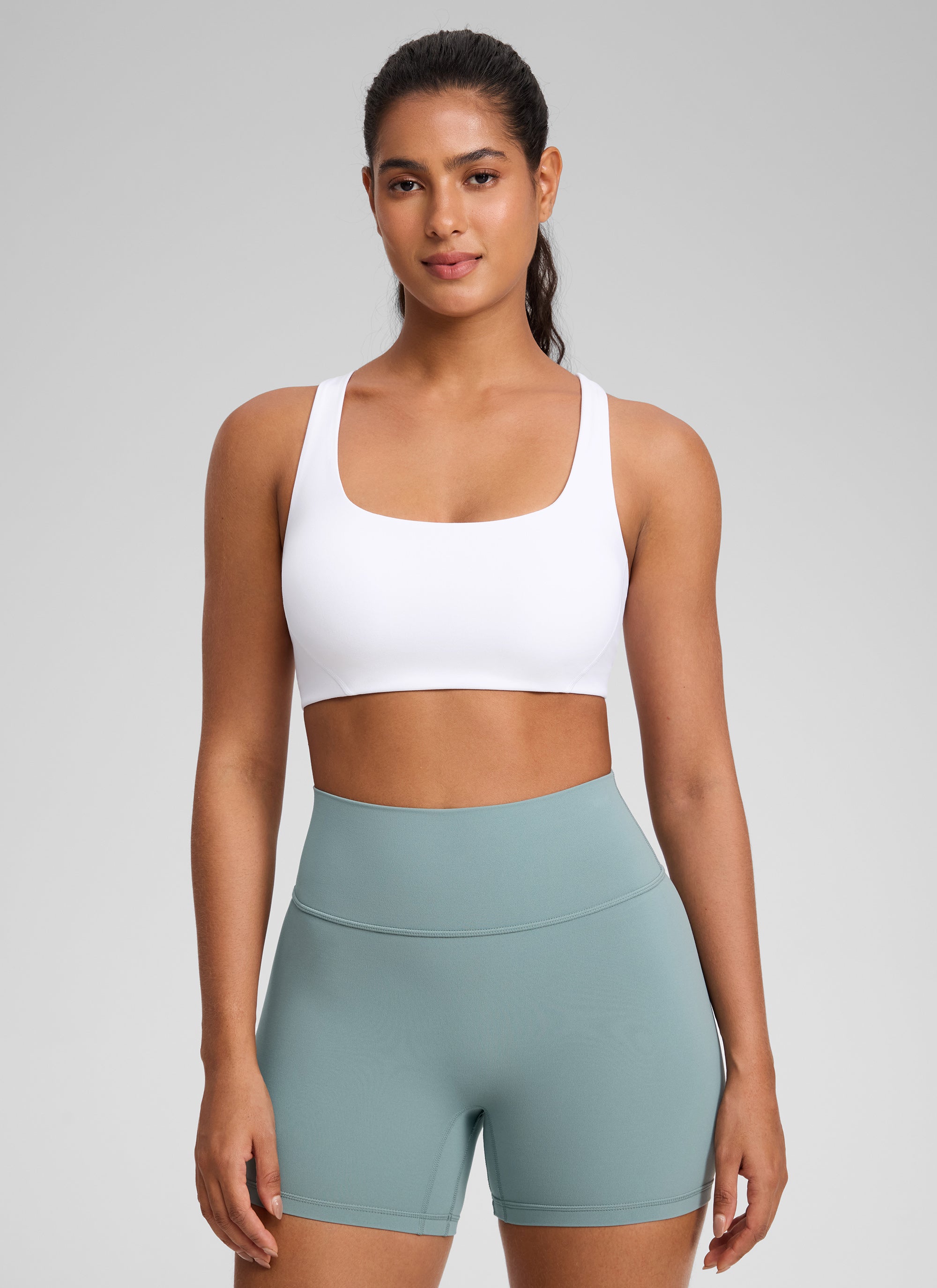 CRZ YOGA Womens Butterlift Double Lined Square Neck Yoga Sports Bra White @model_info:C