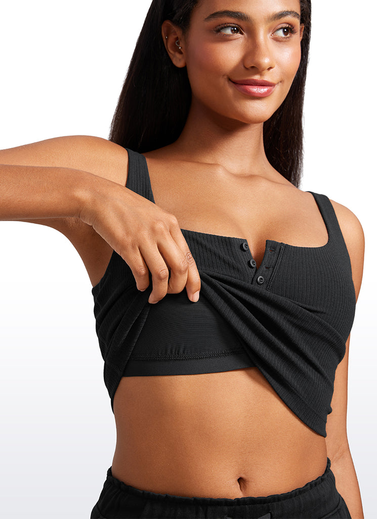 CRZ YOGA Women Longline Square Neck Padded Yoga Crop Tank Top Black