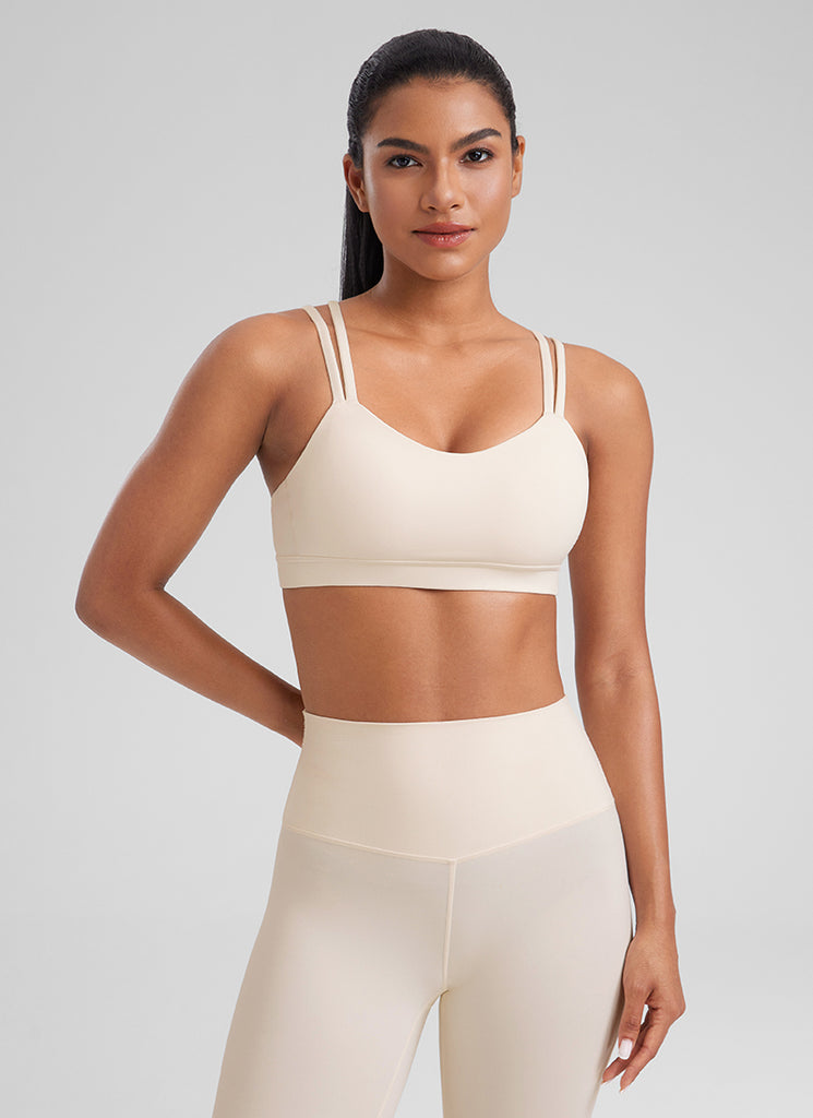 CRZ YOGA Women's Yoga Molded Cup Butterluxe Strappy Bra V Neck White Apricot