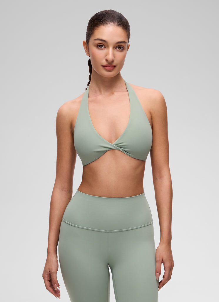 CRZ YOGA Women's Butterluxe Yoga V Neck Crop Double Lined Sports Bra Green Palm Court