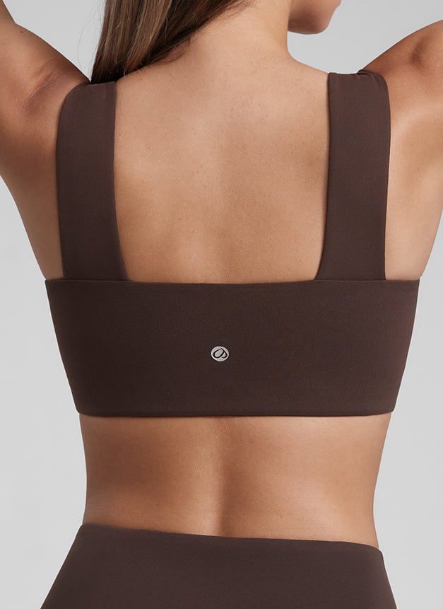 CRZ YOGA Butterluxe Womens Square Neck Open Back Wide straps Sports Bras Hot Fudge Brown