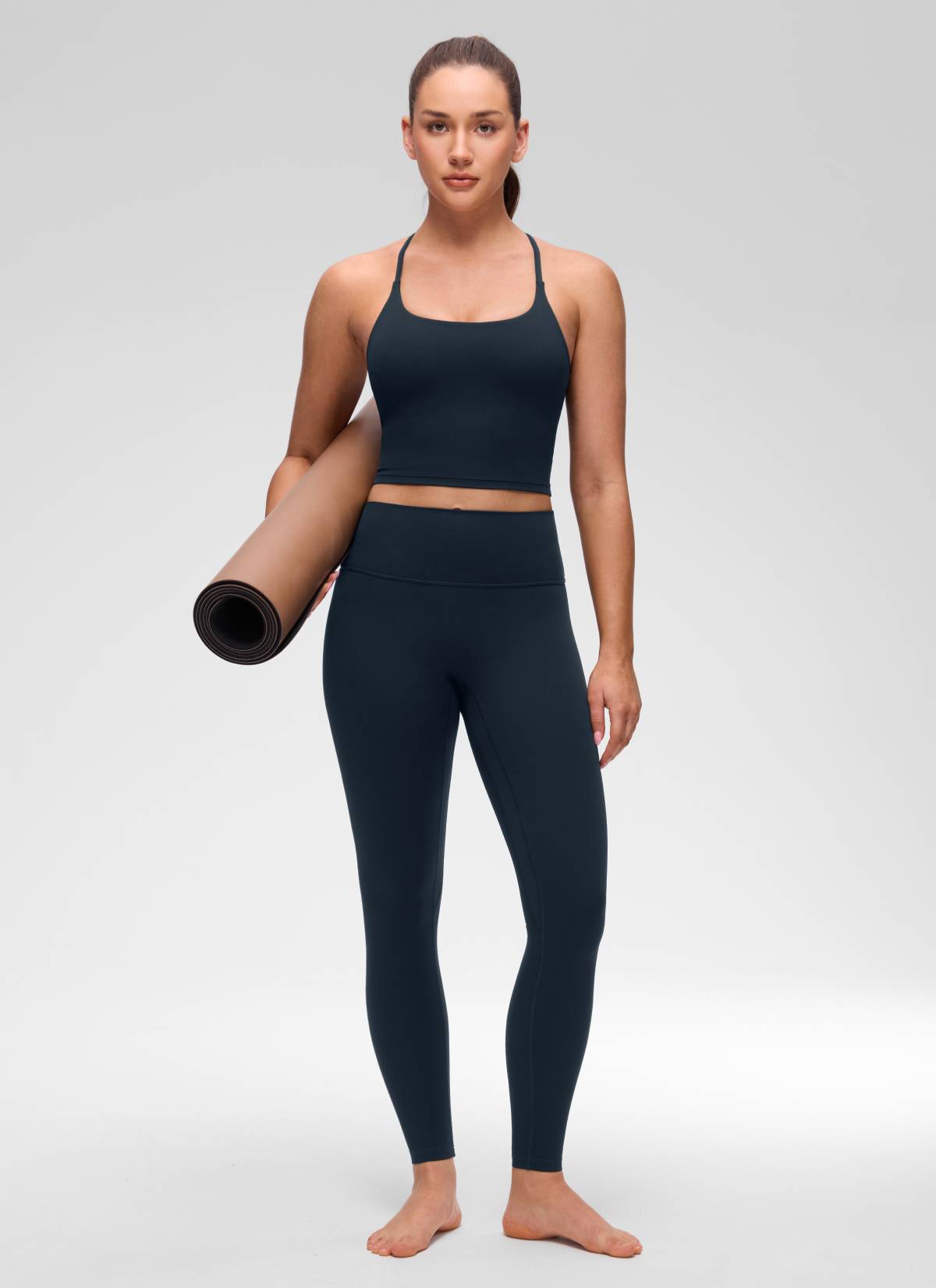 CRZ YOGA Women's Butterluxe U Neck Twist Cross Back Built in Bra Tank True Navy @model_info:Brooklyn