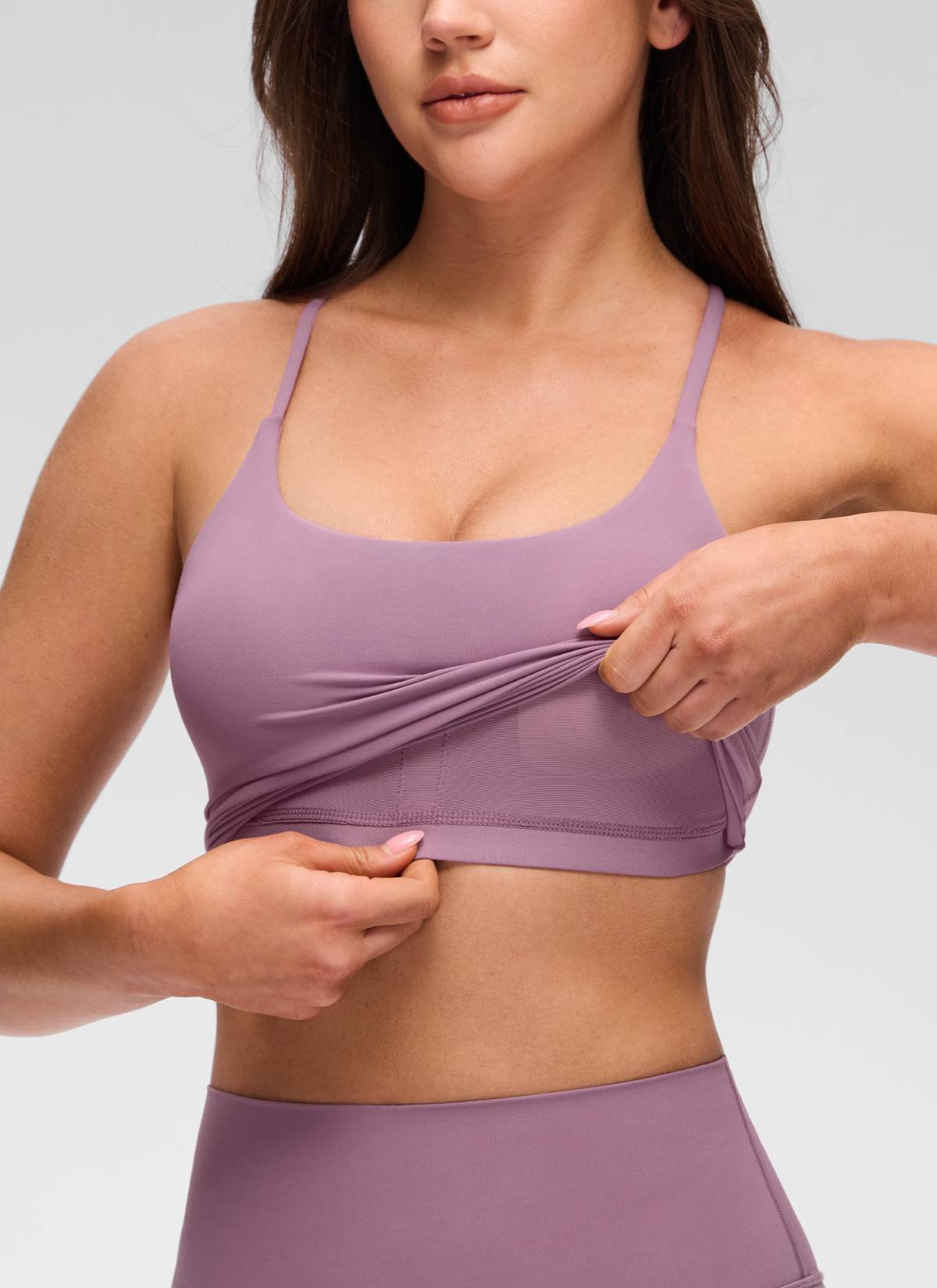 CRZ YOGA Women's Butterluxe U Neck Twist Cross Back Built in Bra Tank Light Lavender @model_info:Brooklyn