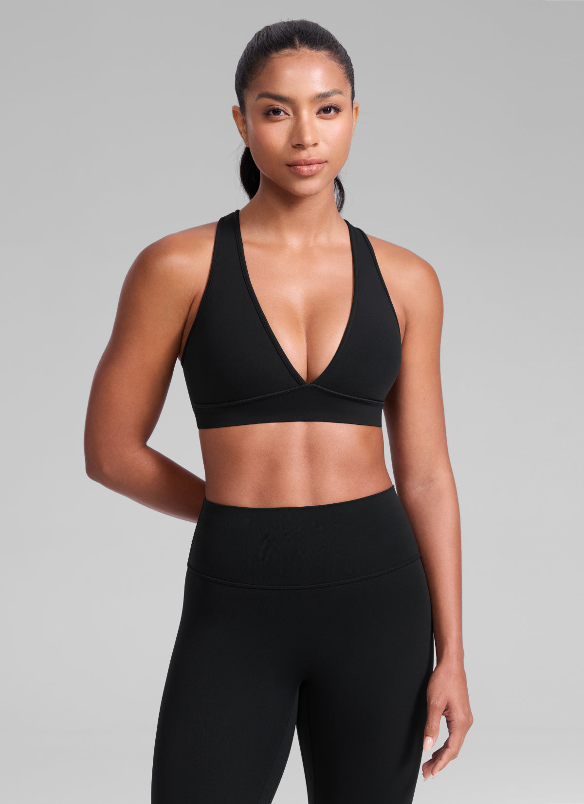 CRZ YOGA Women's Butterlift® Workout Deep V Neck Cross Back Sports Bra Black