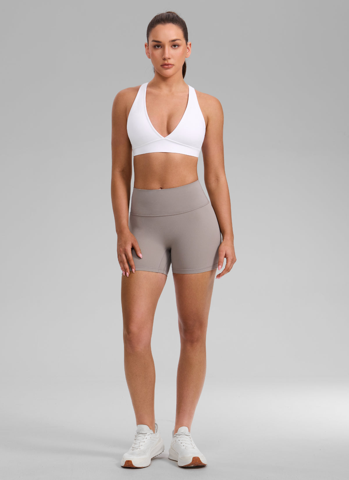 CRZ YOGA Women's Butterlift® Workout Deep V Neck Cross Back Sports Bra White