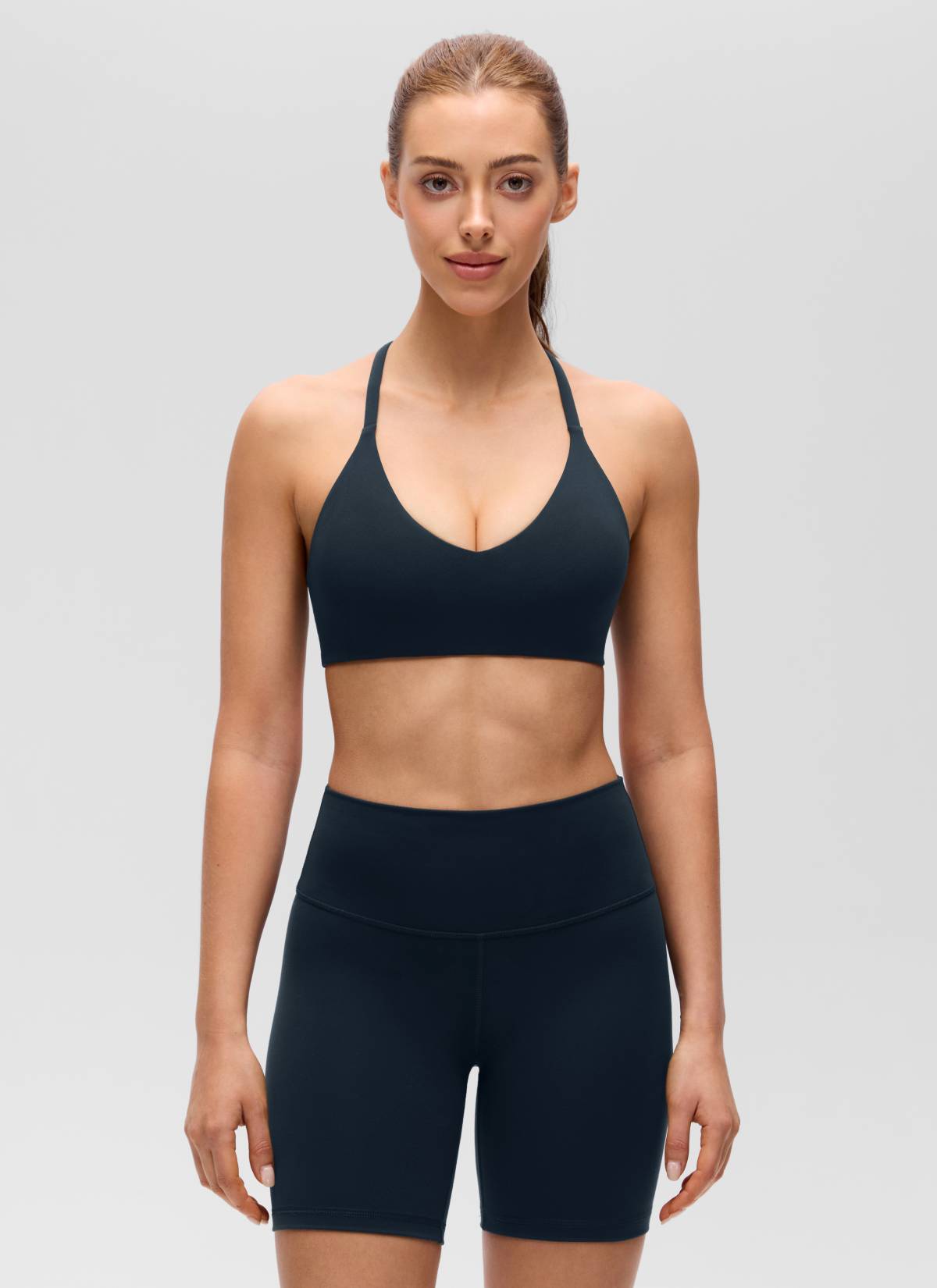 CRZ YOGA Women's Butterluxe V Neck  Racerback Thin Straps Sports Bra True Navy