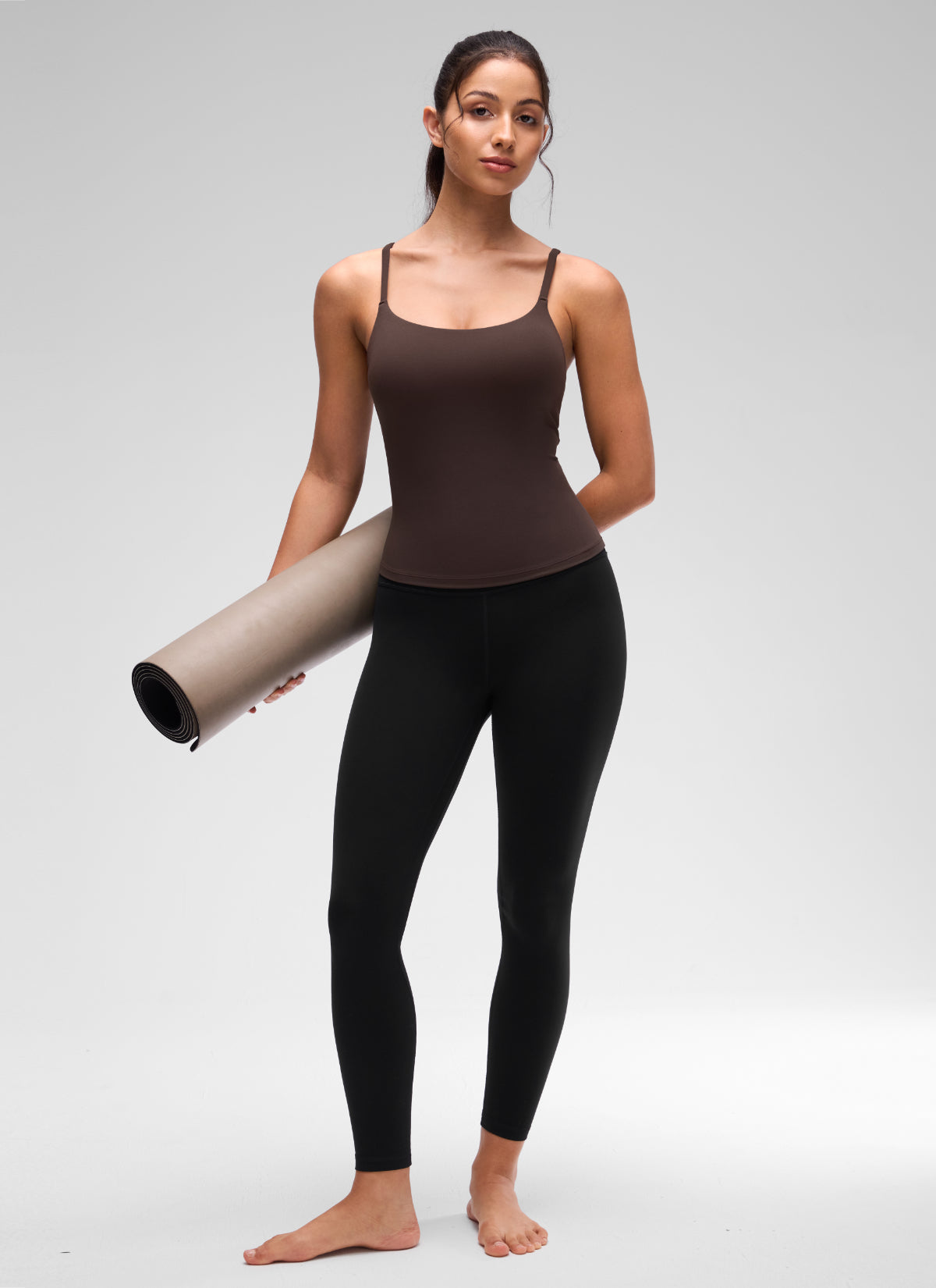 CRZ YOGA Women's Yoga Softretch U Back Waist Length Built in Bra Tank Clay Brown @model_info:Maysa