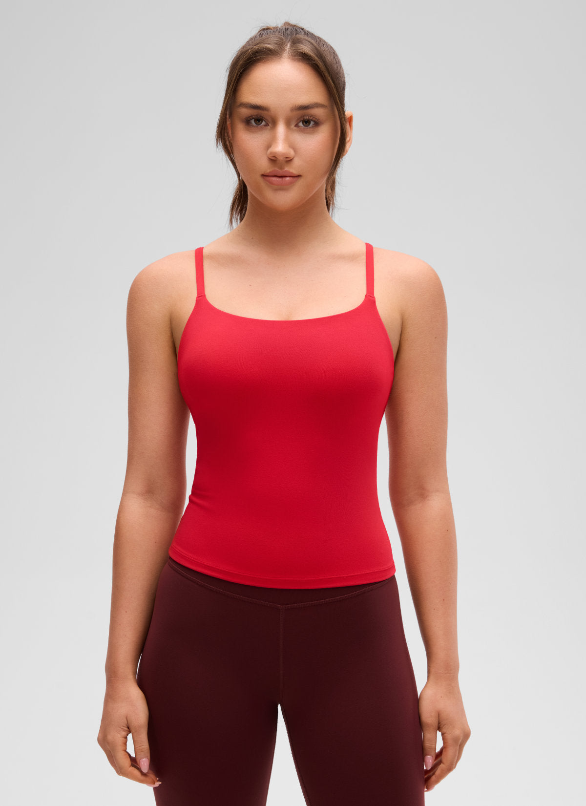 CRZ YOGA Women's Yoga Softretch U Back Waist Length Built in Bra Tank Aurora Red @model_info:Brooklyn