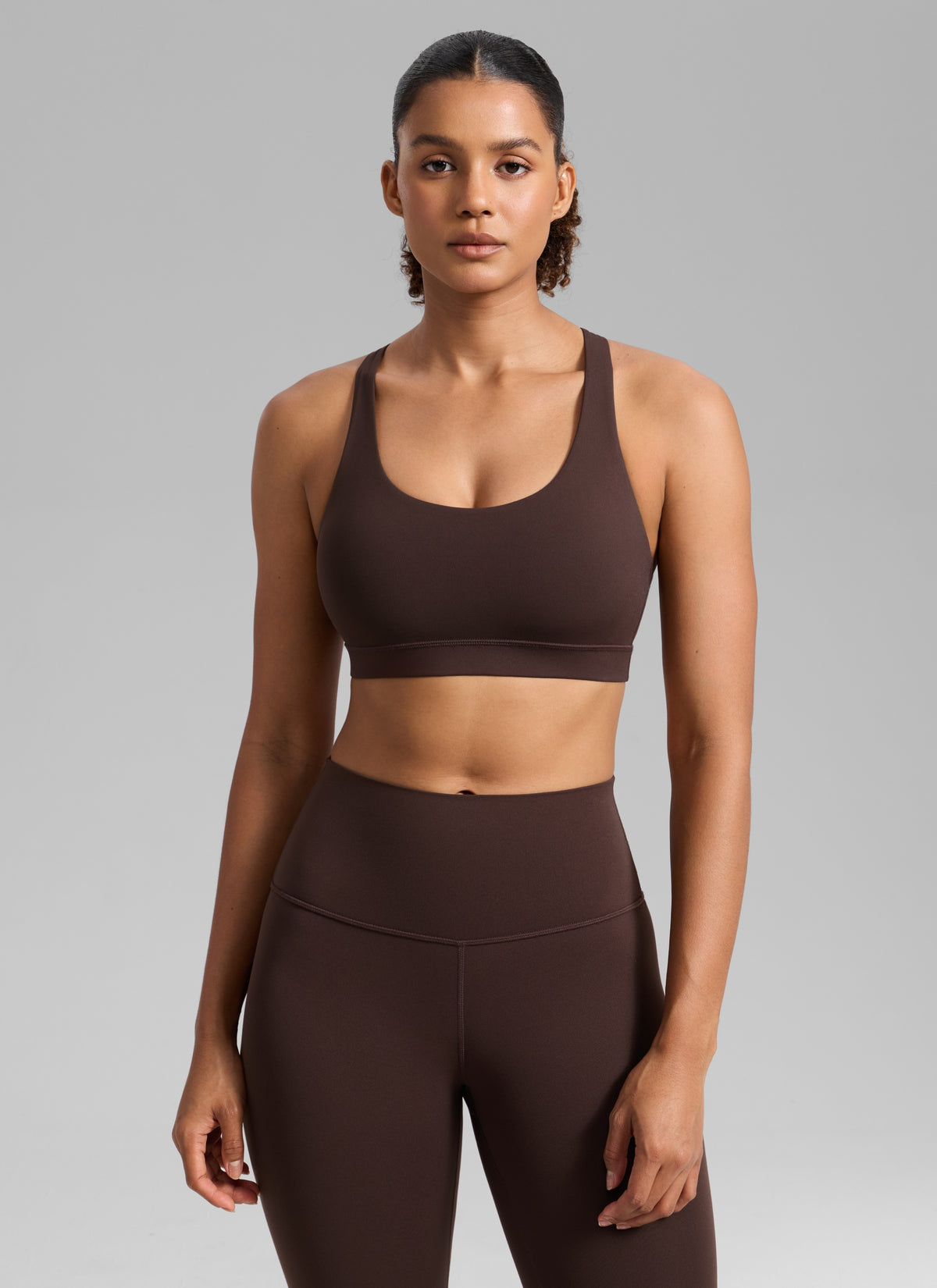 CRZ YOGA Women's Nakedfeel Training U Neck Criss Cross Back Sports Bra Hot Fudge Brown @model_info:Barbara