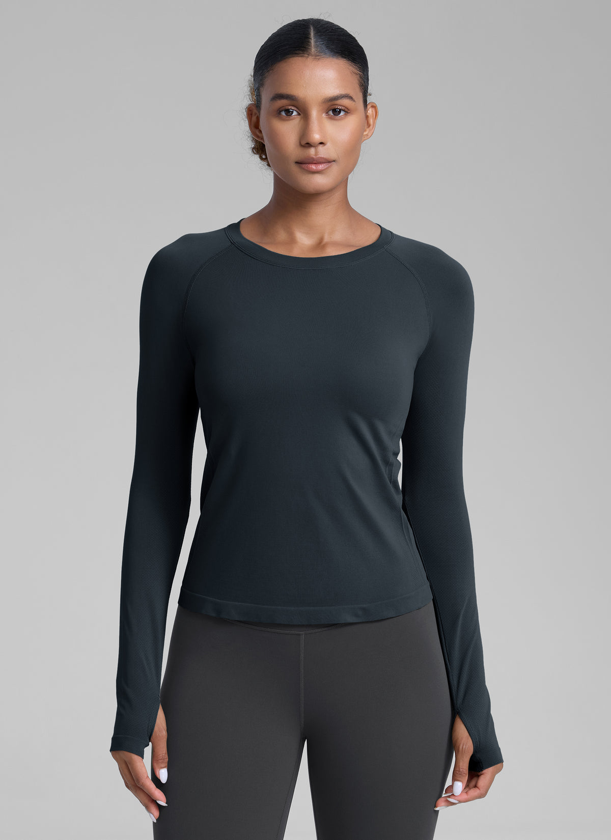 CRZ YOGA Women's Running Quick Dry Shirts Seamless Long Sleeves True Navy