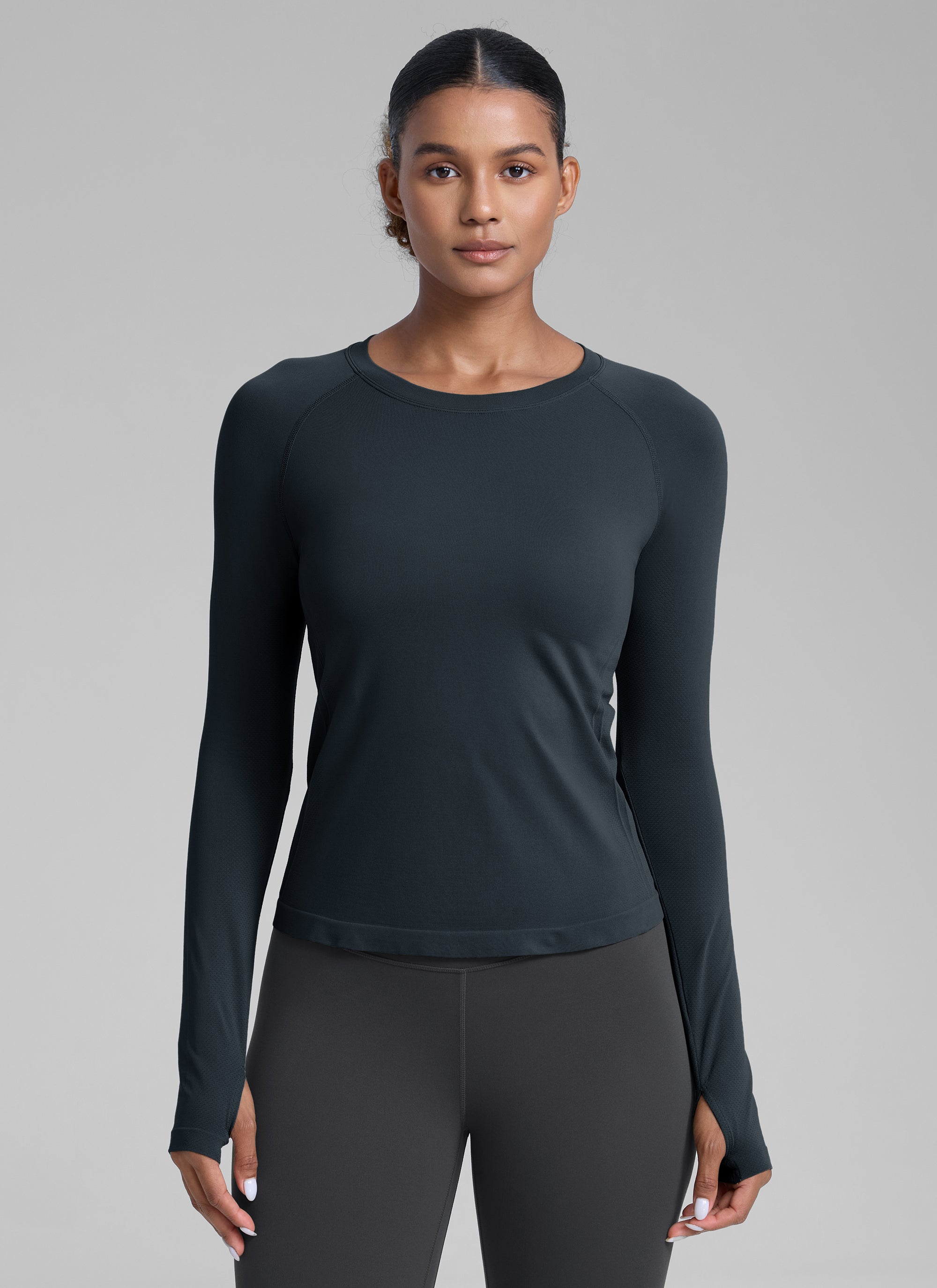 CRZ YOGA Women's Run Train Shirts Seamless Long Sleeve Waist Length True Navy @model_info:Babrabra